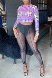 Purple Sexy Print Patchwork See-through O Neck Long Sleeve Two Pieces