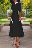 Red Fashion Casual Solid Patchwork Turndown Collar Long Sleeve Dresses