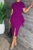 Purple Celebrities Solid Bandage Patchwork Slit O Neck Short Sleeve Two Pieces