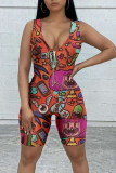 Yellow Street Print Patchwork Zipper V Neck Skinny Rompers
