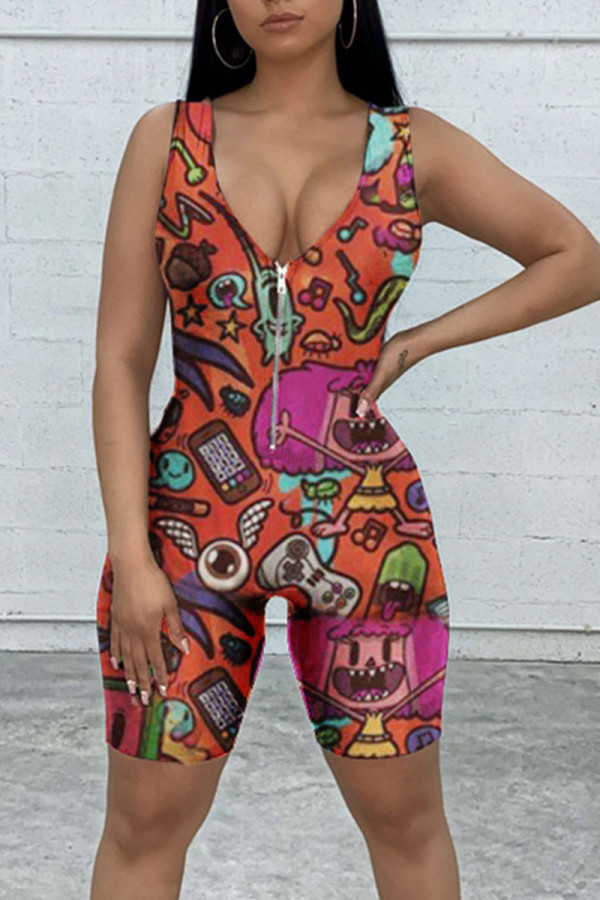 Orange Street Print Patchwork Zipper V Neck Skinny Rompers
