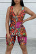 Orange Street Print Patchwork Zipper V Neck Skinny Rompers