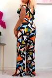 Tangerine Fashion Street Print Patchwork Asymmetrical Oblique Collar Jumpsuits(Contain The Belt)