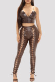 Black Fashion Casual Solid Bandage Hollowed Out Skinny High Waist Pencil Trousers