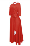 Red Fashion Casual Solid Patchwork Turndown Collar Long Sleeve Dresses
