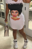 White Fashion Casual Print Ripped Backless O Neck Short Sleeve Dress