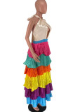 Multicolor Sexy Solid Patchwork Backless Fold Halter Cake Skirt Dresses