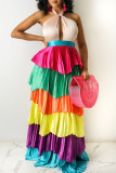 Multicolor Sexy Solid Patchwork Backless Fold Halter Cake Skirt Dresses