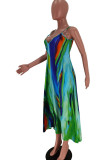 Turquoise Casual Print Patchwork Spaghetti Strap Straight Dresses