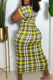 Blue Casual Plaid Print Patchwork O Neck One Step Skirt Dresses