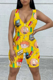 Yellow Street Print Patchwork Zipper V Neck Skinny Rompers