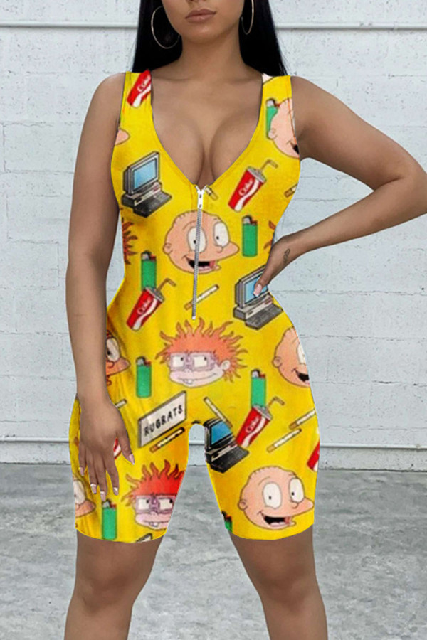 Yellow Street Print Patchwork Zipper V Neck Skinny Rompers