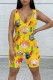 Yellow Street Print Patchwork Zipper V Neck Skinny Rompers