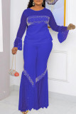 Blue Fashion Casual Patchwork See-through Beading O Neck Long Sleeve Two Pieces