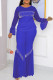 Blue Fashion Casual Patchwork See-through Beading O Neck Long Sleeve Two Pieces