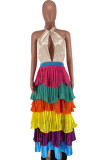 Multicolor Sexy Solid Patchwork Backless Fold Halter Cake Skirt Dresses