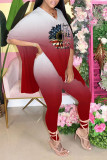 Pink Casual Print Patchwork Slit V Neck Half Sleeve Two Pieces