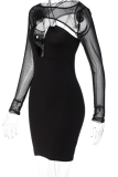 Black Sexy Solid Mesh O Neck Long Sleeve Two Pieces