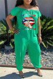 Green Fashion Sexy Lips Printed Backless Off the Shoulder Regular Jumpsuits