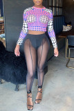 Purple Sexy Print Patchwork See-through O Neck Long Sleeve Two Pieces