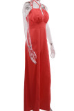Red Sexy Solid Bandage Patchwork Fold Spaghetti Strap Straight Jumpsuits