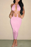 Pink Sexy Solid Hollowed Out Patchwork Backless Halter Pencil Skirt Dresses