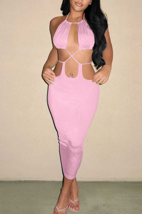 Pink Sexy Solid Hollowed Out Patchwork Backless Halter Pencil Skirt Dresses