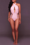 Pink Fashion Sexy Solid Bandage Hollowed Out Backless Swimwears (Without Paddings)