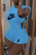 Baby Blue Fashion Casual Print Bandage Letter O Neck Short Sleeve Two Pieces