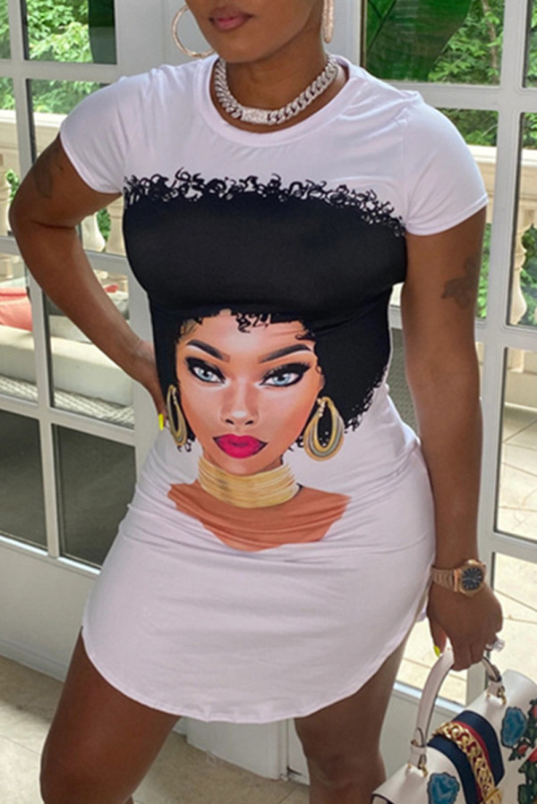 White Fashion Casual Print Ripped Backless O Neck Short Sleeve Dress