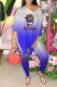 Blue Casual Print Patchwork Slit V Neck Half Sleeve Two Pieces