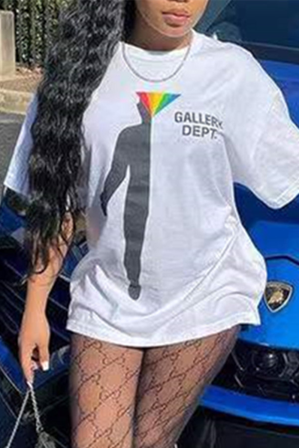 White Fashion Casual Print Basic O Neck T-Shirts