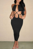 Pink Sexy Solid Hollowed Out Patchwork Backless Halter Pencil Skirt Dresses