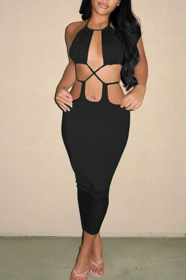 Black Sexy Solid Hollowed Out Patchwork Backless Halter Pencil Skirt Dresses
