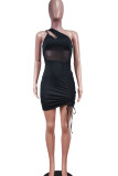 Black Sexy Solid Patchwork Asymmetrical Oblique Collar Pencil Skirt Dresses