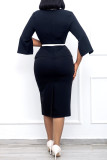 Black Casual Work Elegant Solid Patchwork Slit Turn-back Collar One Step Skirt Dresses(Without Belt)
