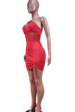 Red Sexy Solid Patchwork Asymmetrical Oblique Collar Pencil Skirt Dresses