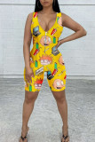 Yellow Street Print Patchwork Zipper V Neck Skinny Rompers