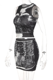 Black Sexy Print Patchwork O Neck Sleeveless Two Pieces