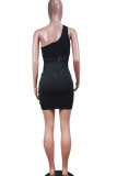 Black Sexy Solid Patchwork Asymmetrical Oblique Collar Pencil Skirt Dresses