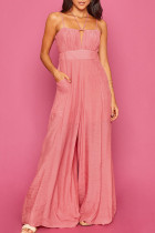 Pink Sexy Solid Bandage Patchwork Fold Spaghetti Strap Straight Jumpsuits