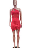 Red Sexy Solid Patchwork Asymmetrical Oblique Collar Pencil Skirt Dresses