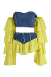 Yellow Fashion Sexy Patchwork Backless Off the Shoulder Long Sleeve Two Pieces