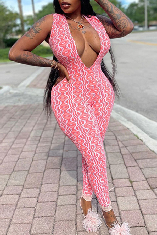 Red Sexy Print Patchwork V Neck Skinny Jumpsuits