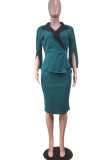 Ink Green Casual Work Elegant Solid Patchwork Slit Turn-back Collar One Step Skirt Dresses(Without Belt)