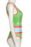 Green Fashion Sexy Print Backless U Neck Skinny Romper