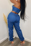 Blue Sexy Solid Bandage Patchwork Strapless Sleeveless Two Pieces