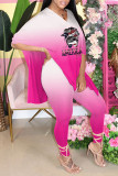 Pink Casual Print Patchwork Slit V Neck Half Sleeve Two Pieces