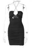 Blue Sexy Solid Patchwork Halter Pencil Skirt Dresses