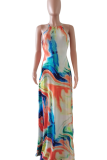 Colour Sexy Print Patchwork Halter Waist Skirt Dresses